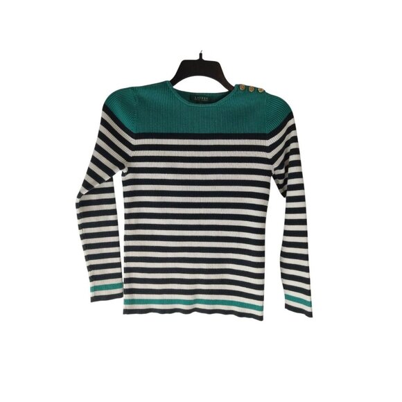 Lauren Ralph Lauren Rib Knit Sweater Womens Large Green Black Stripe Gold Button - Picture 1 of 9